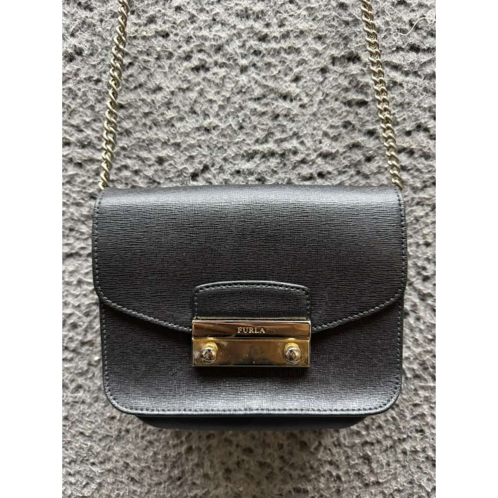 Furla Metropolis Textured Leather Gold Chain Strap Mini‎ Crossbody Bag Black